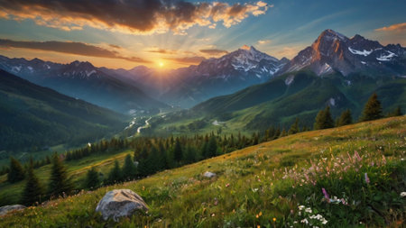 Sunset in the mountains. Beautiful summer landscape in the mountains.の写真素材