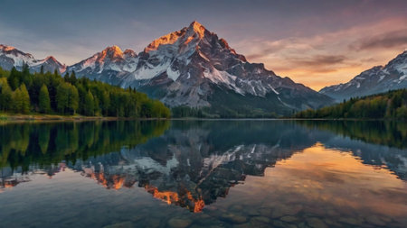 Mountain lake in the mountains at sunrise. The concept of active and photo tourism