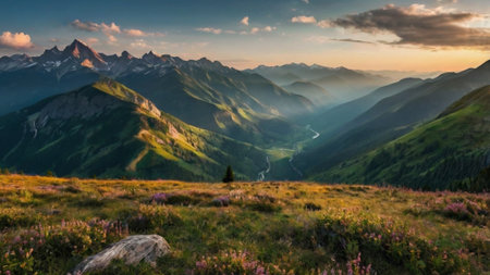 Panoramic view of the mountain valley at sunset.