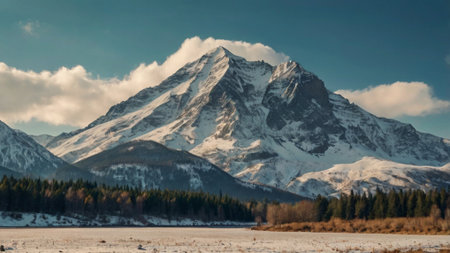 Beautiful winter landscape with snow-capped mountains in the background.の写真素材