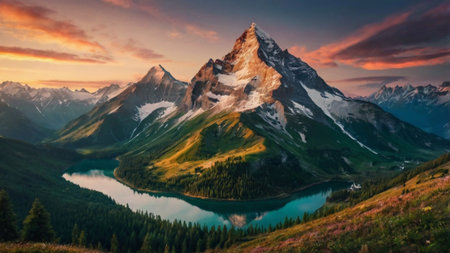 Panoramic view of Matterhorn mountain at sunset, Zermatt, Switzerlandの写真素材