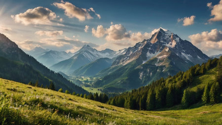 Panoramic view of the mountains in the Alps. Beautiful summer landscape.