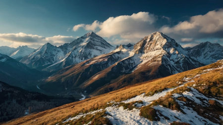 Panoramic view of the snow-capped peaks of the mountainsの写真素材