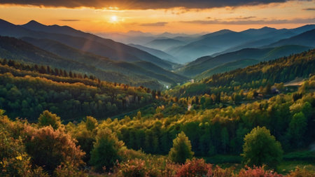 Mountain landscape at sunset. Carpathian, Ukraine, Europe.