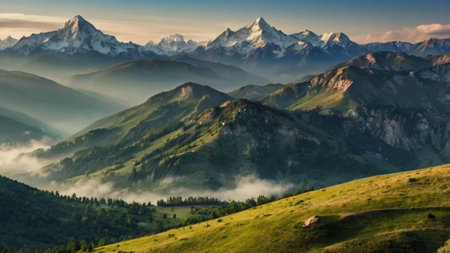 Panoramic view of the mountains in the morning mist.
