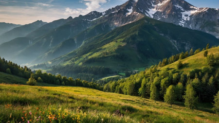 panoramic view of alpine meadow in mountains at sunset