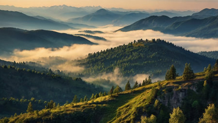 Foggy morning in the Carpathian mountains, Ukraine.