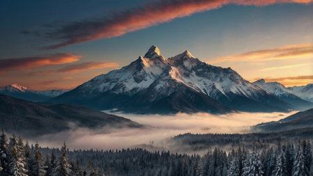 Beautiful winter landscape in the mountains. Sunrise in the mountains.