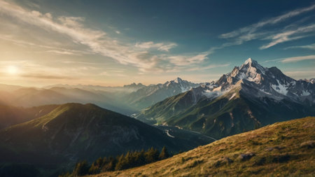 Mountain landscape at sunset, panoramic view of the Alpsの写真素材