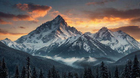 Sunset in the mountains with snow-capped peaks in the backgroundの写真素材