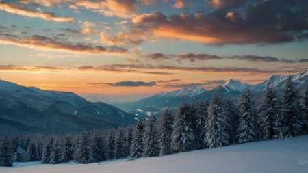Beautiful winter sunset in the mountains. Carpathians, Ukraineの写真素材