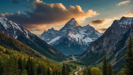 Sunset in Banff National Park, Alberta, Canada. Panoramic view of Canadian Rockies.の写真素材