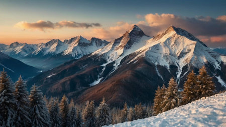 Panoramic view of snow-capped mountains during sunset.の写真素材