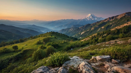 Beautiful mountain landscape at sunset. Panoramic view of the Caucasus mountains.の写真素材