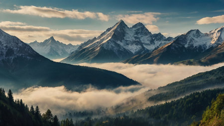 Panoramic view of snow-capped mountains in the fog.