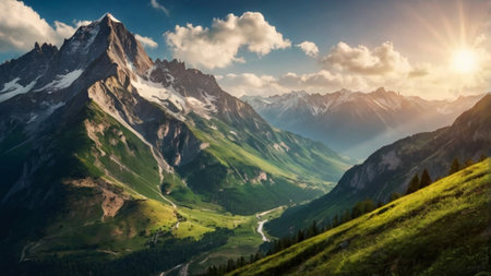 Mountain landscape in the Alps. Panoramic view of the mountains.の写真素材