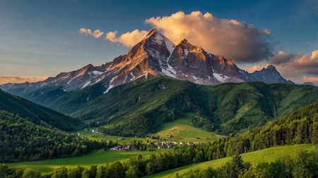 Panoramic view of the Alps at sunrise, Switzerlandの写真素材