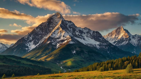 Mountain landscape at sunset. Panoramic view of the Swiss Alps.の写真素材