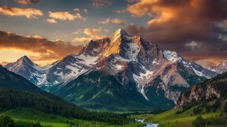 Beautiful sunset in the mountains. Panoramic view of the mountains.の写真素材