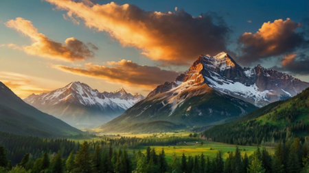 Mountain landscape at sunset. Panoramic view of the mountain peaks.の写真素材
