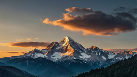 Sunset in the mountains. View of a mountain peak.
