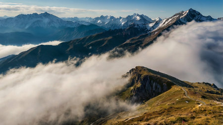 Panoramic view of the mountains in the clouds.の写真素材
