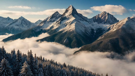 Panoramic view of the mountains in the clouds. Beautiful winter landscape.の写真素材
