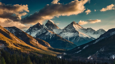 Panoramic view of snow capped mountain peaksの写真素材