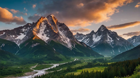 Mountain landscape at sunset. Panoramic view of the mountains.の写真素材