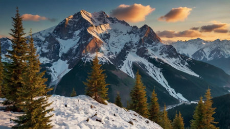 Panoramic view of snowy mountains and coniferous forest at sunset