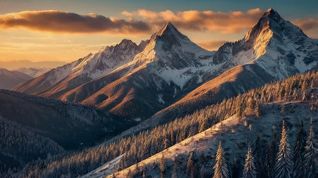 Panoramic view of the snow-capped peaks of the mountains at sunset