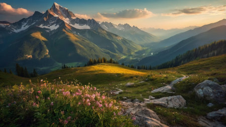 panoramic view of the mountain range in the Alps at sunriseの写真素材