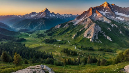 Panoramic view of mountains in Italy at sunset