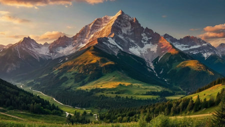 Panoramic view of the mountain range in the Alps at sunset