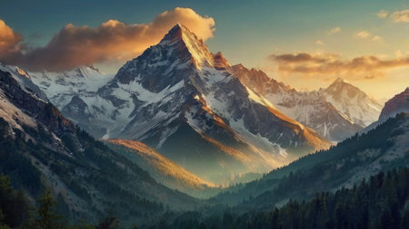 Panoramic view of the mountains at sunset.の写真素材