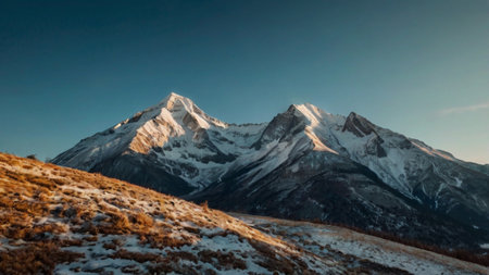 Snowy mountains at sunrise.の写真素材