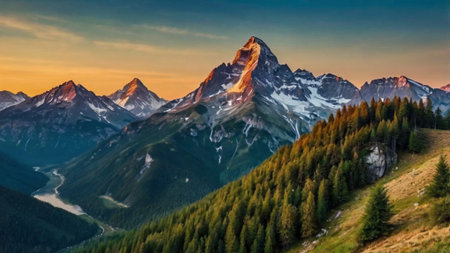 Panoramic view of the Matterhorn peak at sunrise, Switzerland