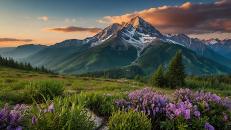 Mountain landscape with flowers in the foreground. Sunset in the mountains.の写真素材