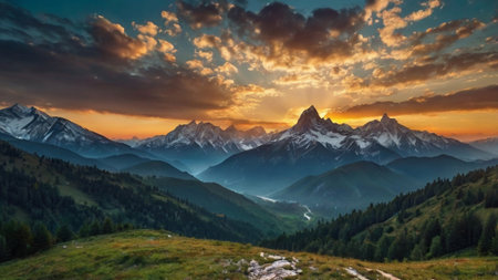 Panoramic view of the Alps at sunset.の写真素材