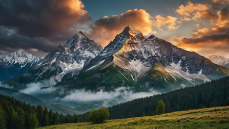 Mountain landscape at sunset.