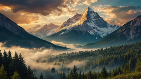 Mountain landscape with fog in the valley. Sunrise in the mountainsの写真素材
