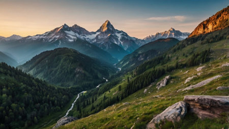 Panoramic view of the mountains and the valley at sunset.の写真素材