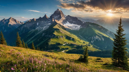 Panoramic view of mountains at sunsetの写真素材