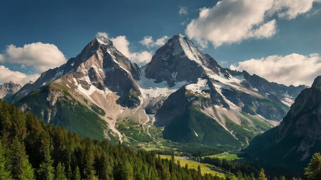 Mountain panorama with snow and blue sky in summer, Switzerlandの写真素材