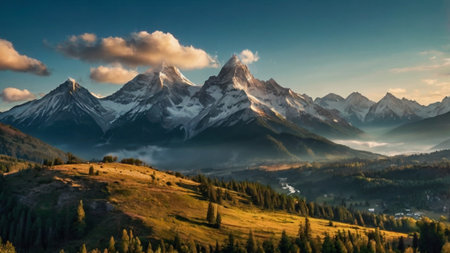 Mountain landscape with snow-capped peaks in the morning light