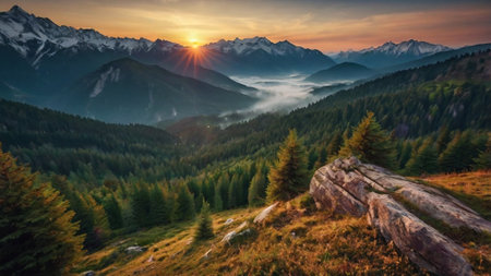 Fantastic sunset in the mountains. Dramatic scene. Carpathian, Ukraine, Europe. Beauty world.の写真素材