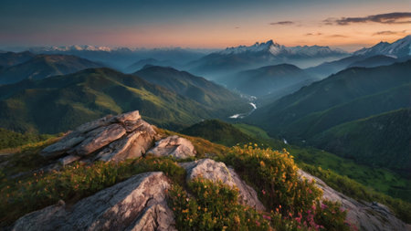 Mountain landscape at sunset. Panoramic view of the Caucasus mountains.の写真素材