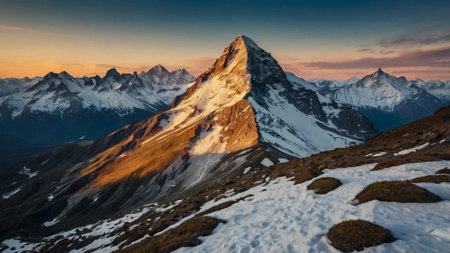 Matterhorn mountain peak at sunset, Zermatt, Switzerlandの写真素材