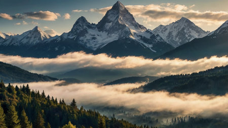 panoramic view of alpine peaks and forest at sunset, Switzerlandの写真素材