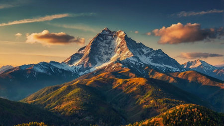 Beautiful mountain landscape with snow-capped peaks in the evening lightの写真素材